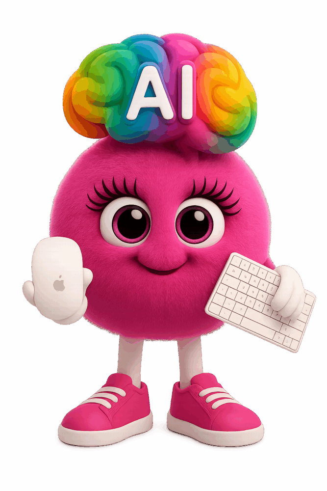 4C Creatives Website Design Doncaster Cute AI Mascot called AiMee holding a keyboard and mouse