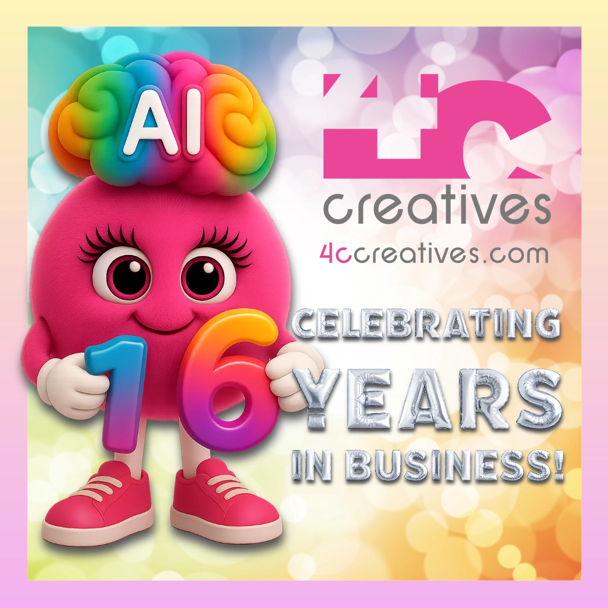 Colorful graphic featuring a cartoon character with a brain and the text 4ccreatives website design doncaster celebrating 16 years in business.